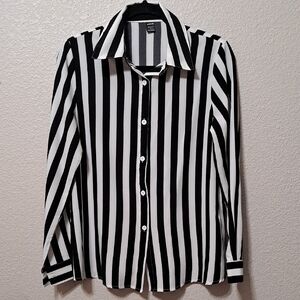 *Shein Black and White Striped Button-Up Shirt Classic Top Blouse Size Small